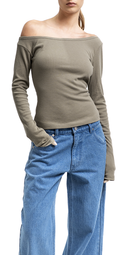 Light ribbed viscose long sleeved off shoulder t shirt - Gray Green